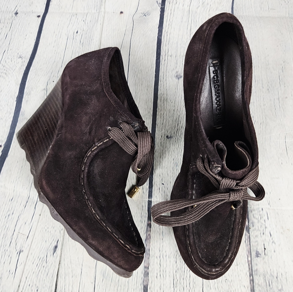 BCBGMAXAZRIA | Harriet suede leather moc toe laceup wedge booties ankle boot